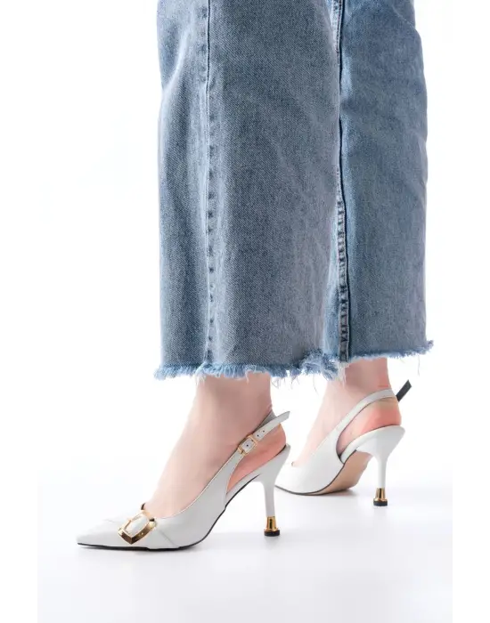 İnf-1151 Beyaz Günlük Arkası Açık Topuklu Bayan Ayakkabı