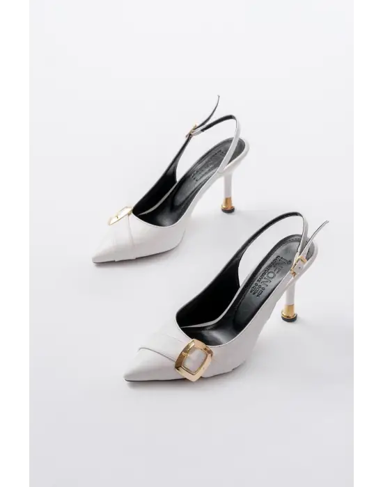 İnf-1151 Beyaz Günlük Arkası Açık Topuklu Bayan Ayakkabı