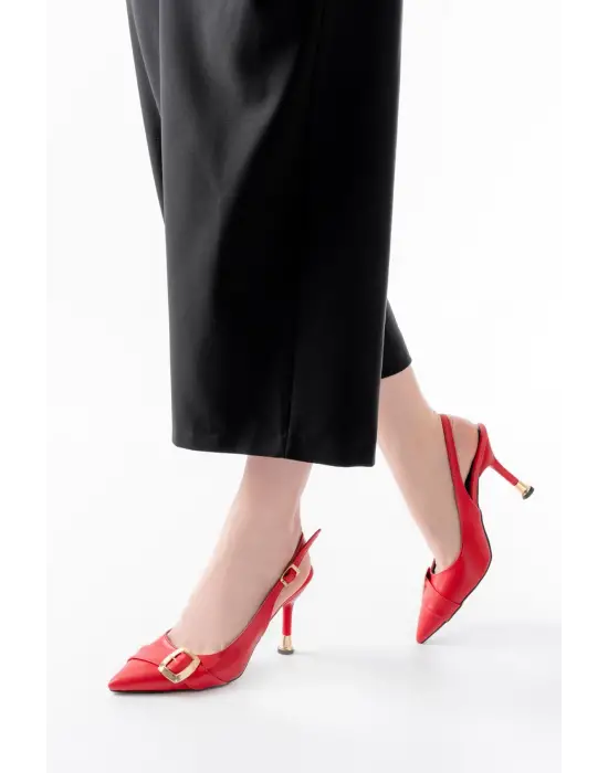 İnf-1151 Kırmızı Günlük Arkası Açık Topuklu Bayan Ayakkabı