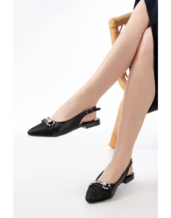 İNF-120 Siyah Günlük Fileli Taş Aksesuarlı Kadın Babet