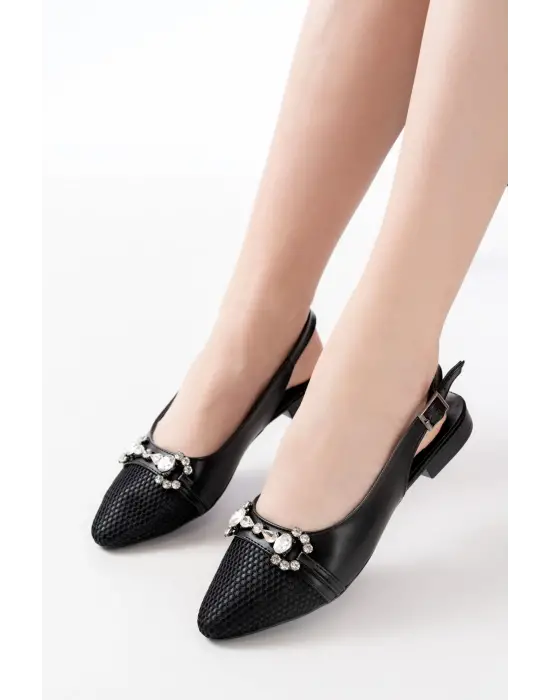 İNF-120 Siyah Günlük Fileli Taş Aksesuarlı Kadın Babet