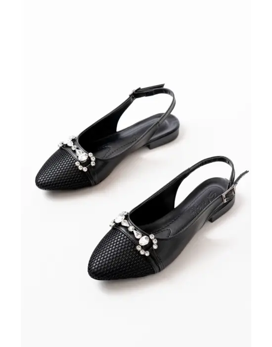 İNF-120 Siyah Günlük Fileli Taş Aksesuarlı Kadın Babet