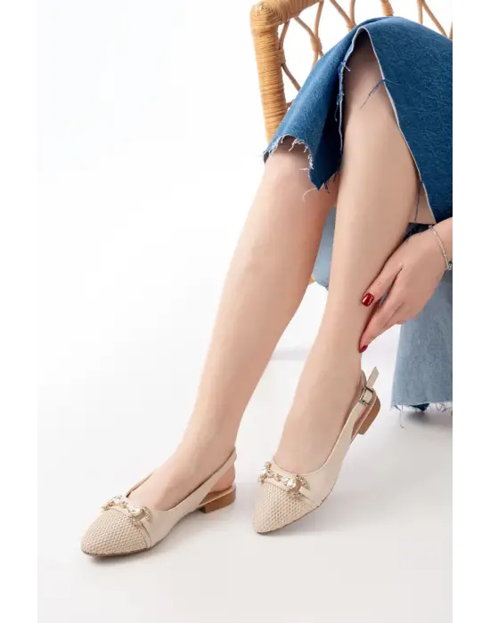 İNF-120 Ten Günlük Fileli Taş Aksesuarlı Kadın Babet