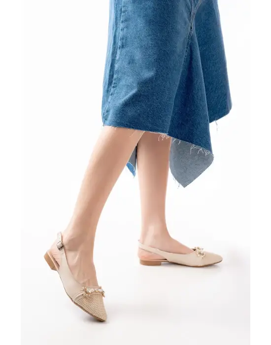 İNF-120 Ten Günlük Fileli Taş Aksesuarlı Kadın Babet