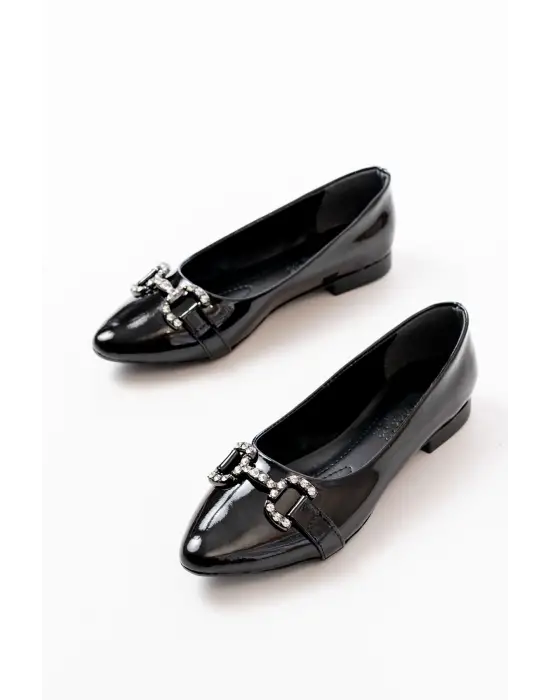 İNF-133 Siyah Rugan Taşlı Tokalı Günlük Kadın Babet