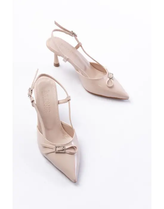 Bej Rugan Günlük Arkası Açık Fiyonklu Topuklu Bayan Ayakkabı