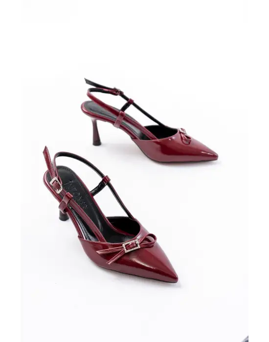 Bordo Rugan Günlük Arkası Açık Fiyonklu Topuklu Bayan Ayakkabı