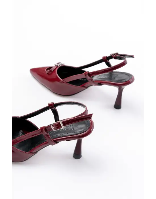 Bordo Rugan Günlük Arkası Açık Fiyonklu Topuklu Bayan Ayakkabı