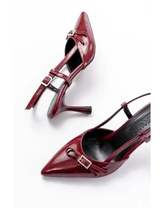 Bordo Rugan Günlük Arkası Açık Fiyonklu Topuklu Bayan Ayakkabı