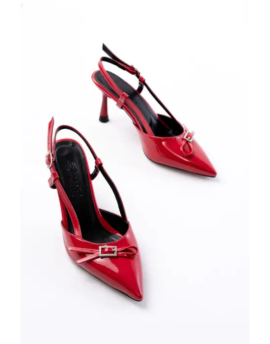 Kırmızı Rugan Günlük Arkası Açık Fiyonklu Topuklu Bayan Ayakkabı
