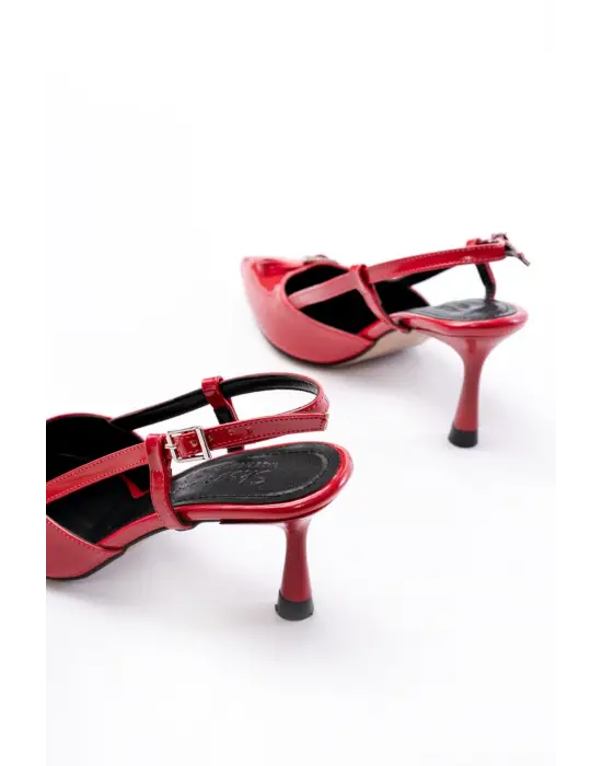 Kırmızı Rugan Günlük Arkası Açık Fiyonklu Topuklu Bayan Ayakkabı