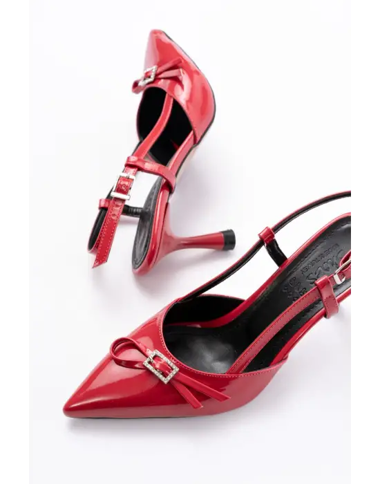 Kırmızı Rugan Günlük Arkası Açık Fiyonklu Topuklu Bayan Ayakkabı