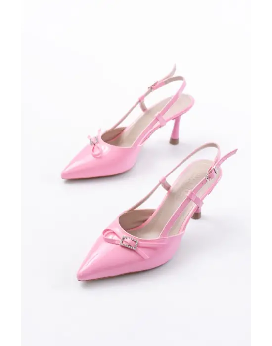 Pembe Rugan Günlük Arkası Açık Fiyonklu Topuklu Bayan Ayakkabı