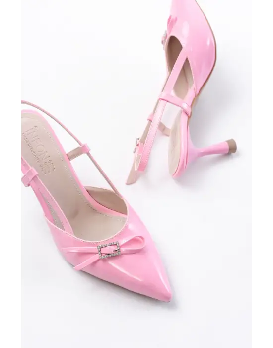 Pembe Rugan Günlük Arkası Açık Fiyonklu Topuklu Bayan Ayakkabı