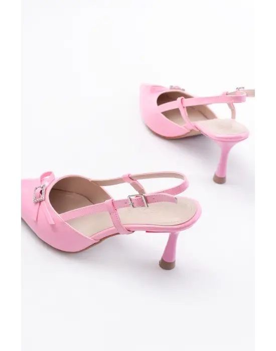 Pembe Rugan Günlük Arkası Açık Fiyonklu Topuklu Bayan Ayakkabı