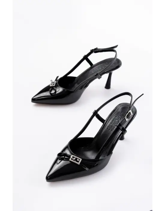 Siyah Rugan Günlük Arkası Açık Fiyonklu Topuklu Bayan Ayakkabı