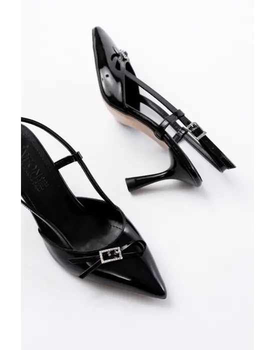 Siyah Rugan Günlük Arkası Açık Fiyonklu Topuklu Bayan Ayakkabı