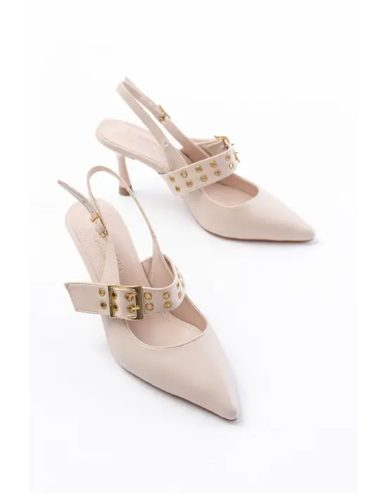 Bej Günlük Arkası Açık Baret Tokalı Topuklu Bayan Ayakkabı