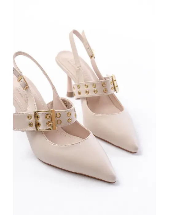 Bej Günlük Arkası Açık Baret Tokalı Topuklu Bayan Ayakkabı