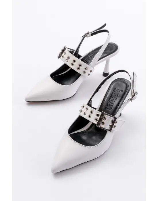 Beyaz Günlük Arkası Açık Baret Tokalı Topuklu Bayan Ayakkabı