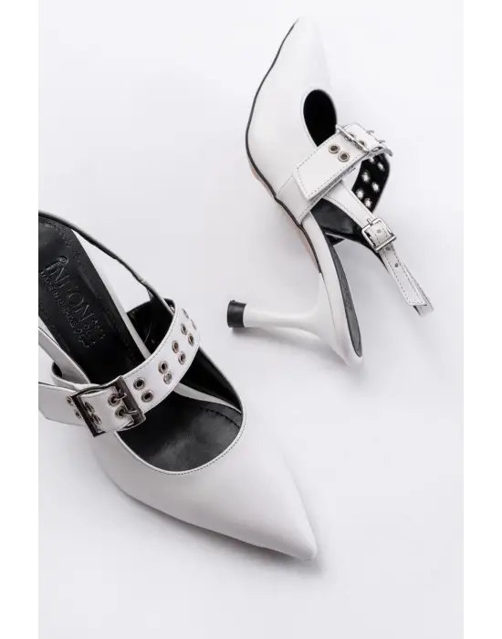 Beyaz Günlük Arkası Açık Baret Tokalı Topuklu Bayan Ayakkabı