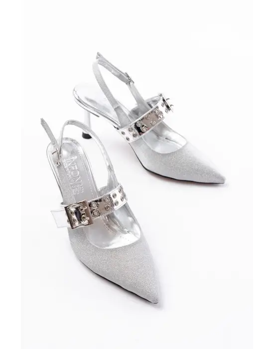 Gümüş Simli Günlük Arkası Açık Baret Tokalı Topuklu Bayan Ayakkabı