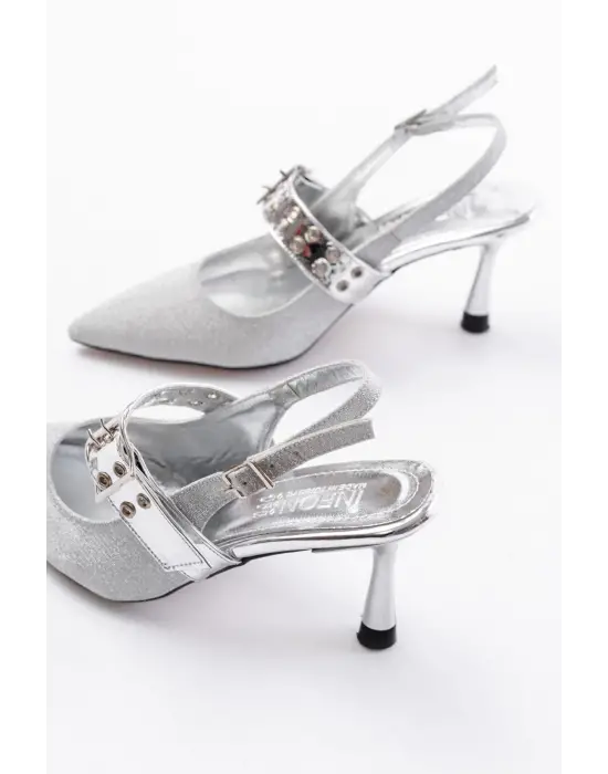 Gümüş Simli Günlük Arkası Açık Baret Tokalı Topuklu Bayan Ayakkabı