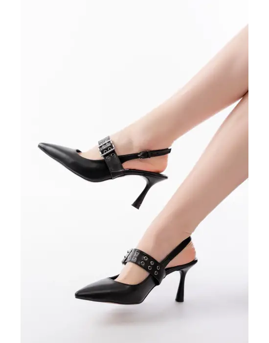 Siyah Günlük Arkası Açık Baret Tokalı Topuklu Bayan Ayakkabı