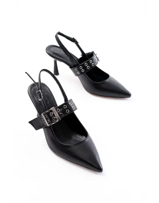 Siyah Günlük Arkası Açık Baret Tokalı Topuklu Bayan Ayakkabı