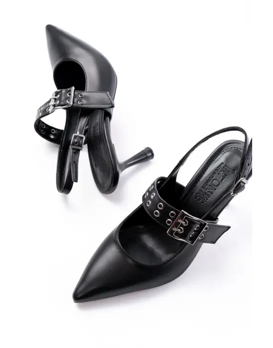 Siyah Günlük Arkası Açık Baret Tokalı Topuklu Bayan Ayakkabı