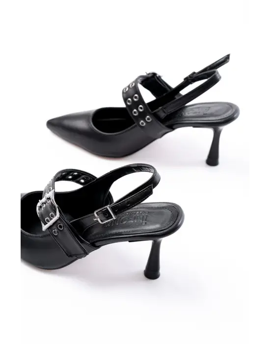 Siyah Günlük Arkası Açık Baret Tokalı Topuklu Bayan Ayakkabı