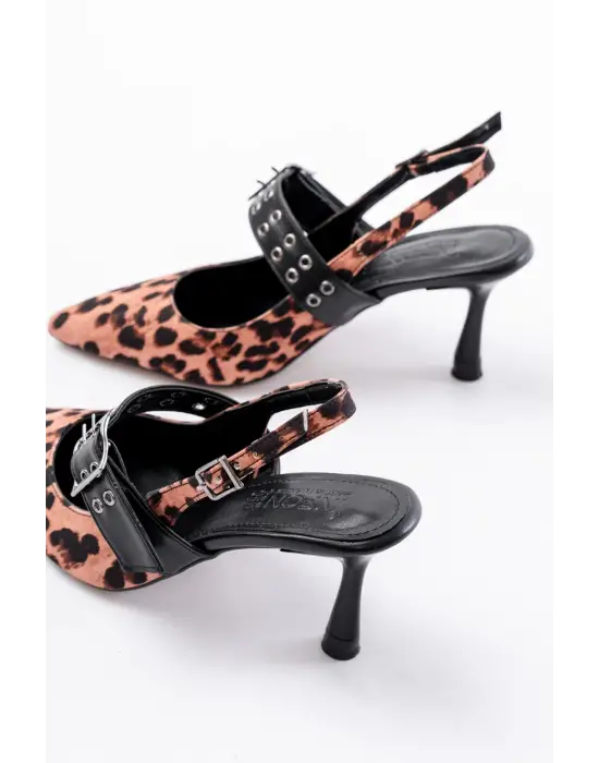 Siyah Leopar Günlük Arkası Açık Baret Tokalı Topuklu Bayan Ayakkabı