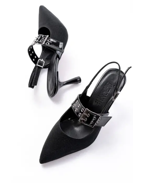 Siyah Simli Günlük Arkası Açık Baret Tokalı Topuklu Bayan Ayakkabı