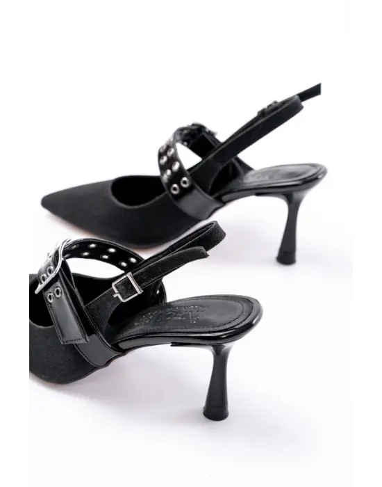 Siyah Simli Günlük Arkası Açık Baret Tokalı Topuklu Bayan Ayakkabı