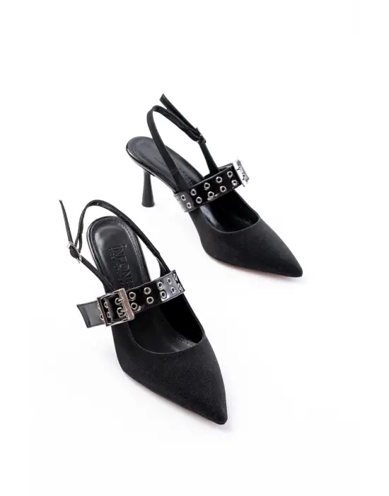 Siyah Simli Günlük Arkası Açık Baret Tokalı Topuklu Bayan Ayakkabı