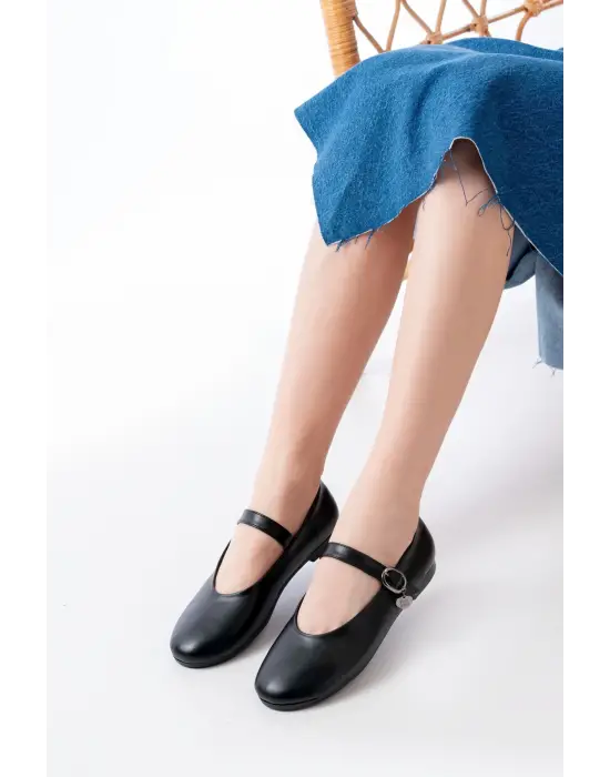 İNF-324 Siyah Baretli Tokalı Günlük Kadın Babet