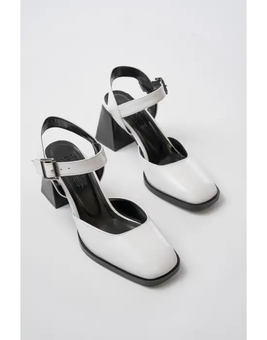 İNF-40450 Beyaz Rugan Günlük Arkası Açık Topuklu Bayan Ayakkabı