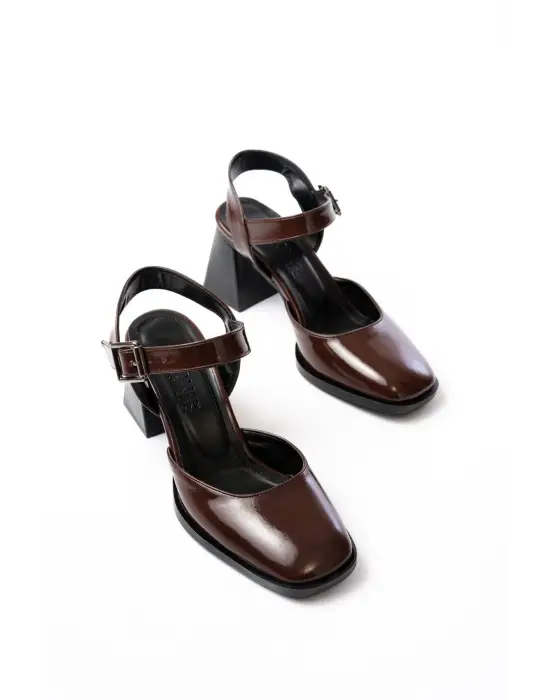 İNF-40450 Kahve Rugan Günlük Arkası Açık Topuklu Bayan Ayakkabı