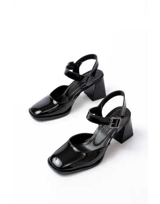 İNF-40450 Siyah Rugan Günlük Arkası Açık Topuklu Bayan Ayakkabı