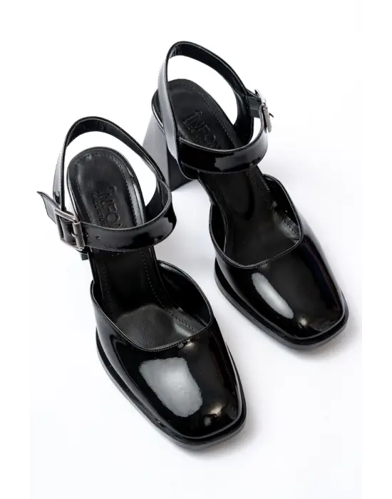 İNF-40450 Siyah Rugan Günlük Arkası Açık Topuklu Bayan Ayakkabı