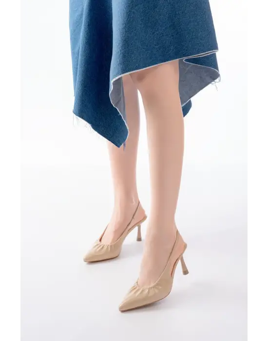 İNF-40451 Bej Kırışık Rugan Günlük Arkası Açık Topuklu Bayan Ayakkabı