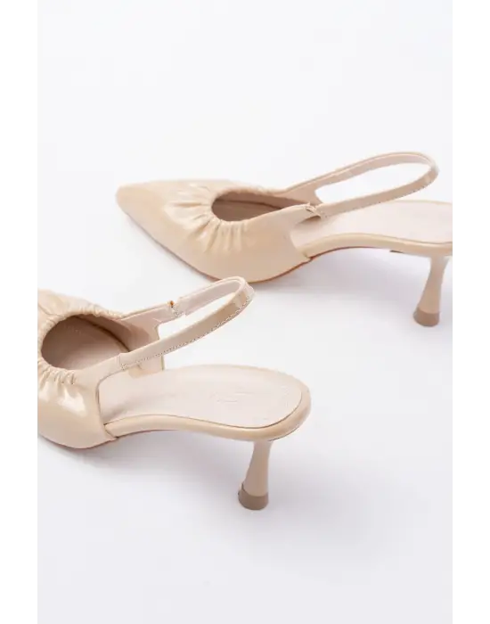 İNF-40451 Bej Kırışık Rugan Günlük Arkası Açık Topuklu Bayan Ayakkabı