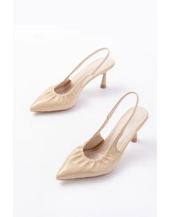 İNF-40451 Bej Kırışık Rugan Günlük Arkası Açık Topuklu Bayan Ayakkabı