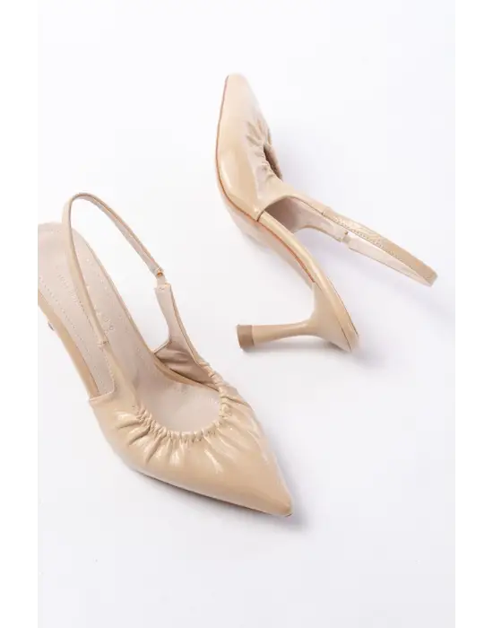 İNF-40451 Bej Kırışık Rugan Günlük Arkası Açık Topuklu Bayan Ayakkabı