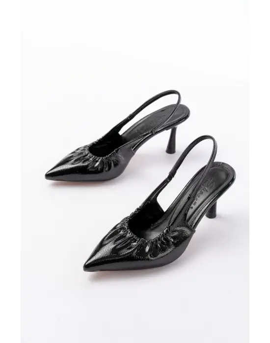 İNF-40451 Siyah Kırışık Rugan Günlük Arkası Açık Topuklu Bayan Ayakkabı