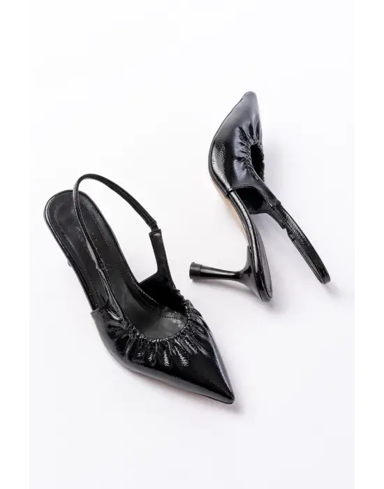 İNF-40451 Siyah Kırışık Rugan Günlük Arkası Açık Topuklu Bayan Ayakkabı