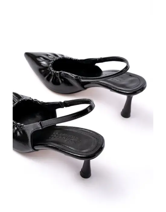 İNF-40451 Siyah Kırışık Rugan Günlük Arkası Açık Topuklu Bayan Ayakkabı