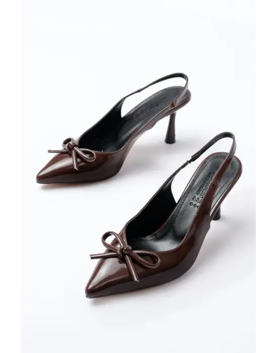 İNF-4500 Kahve Rugan Günlük Arkası Açık Fiyonklu Topuklu Bayan Ayakkabı