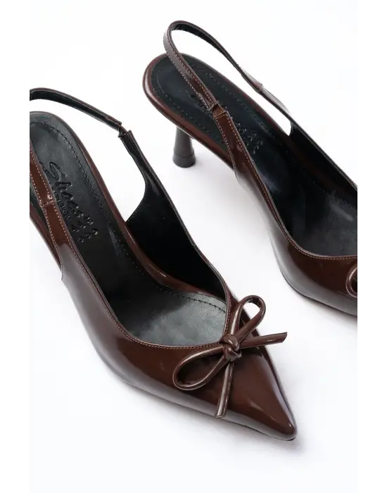 İNF-4500 Kahve Rugan Günlük Arkası Açık Fiyonklu Topuklu Bayan Ayakkabı