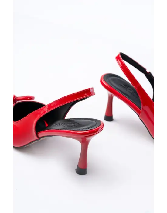 İNF-4500 Kırmızı Rugan Günlük Arkası Açık Fiyonklu Topuklu Bayan Ayakkabı